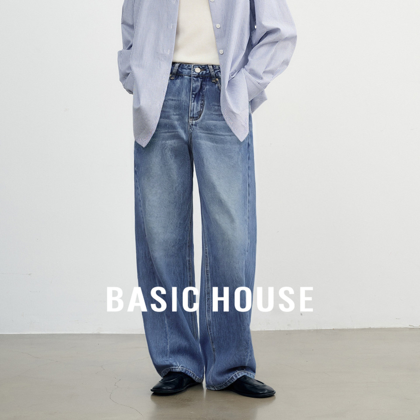 Basic House/百家好经典水洗做旧中腰直筒牛仔裤宽松显瘦阔腿长裤