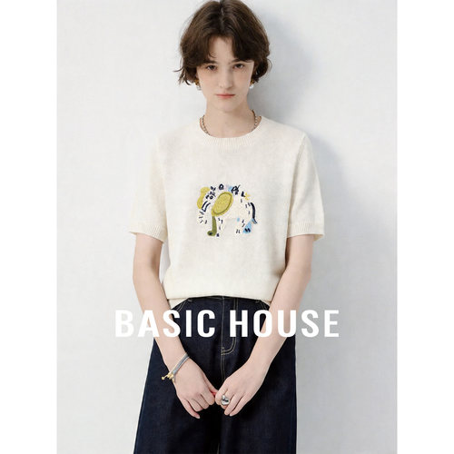 Basic House/百家好小象刺绣短袖针织衫女夏季薄款莱赛尔宽松上衣