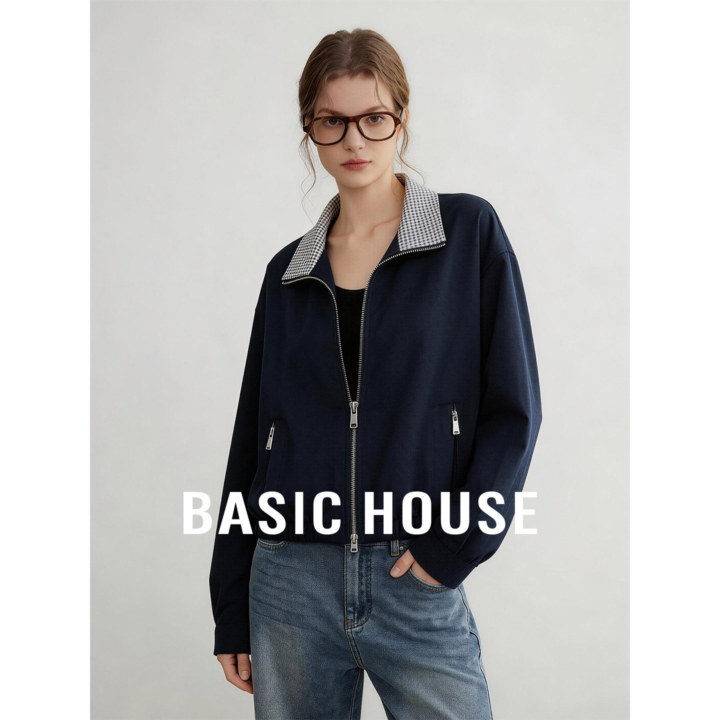 Basic House/百家好撞色格子拼接翻领短款外套女简约宽松外搭上衣