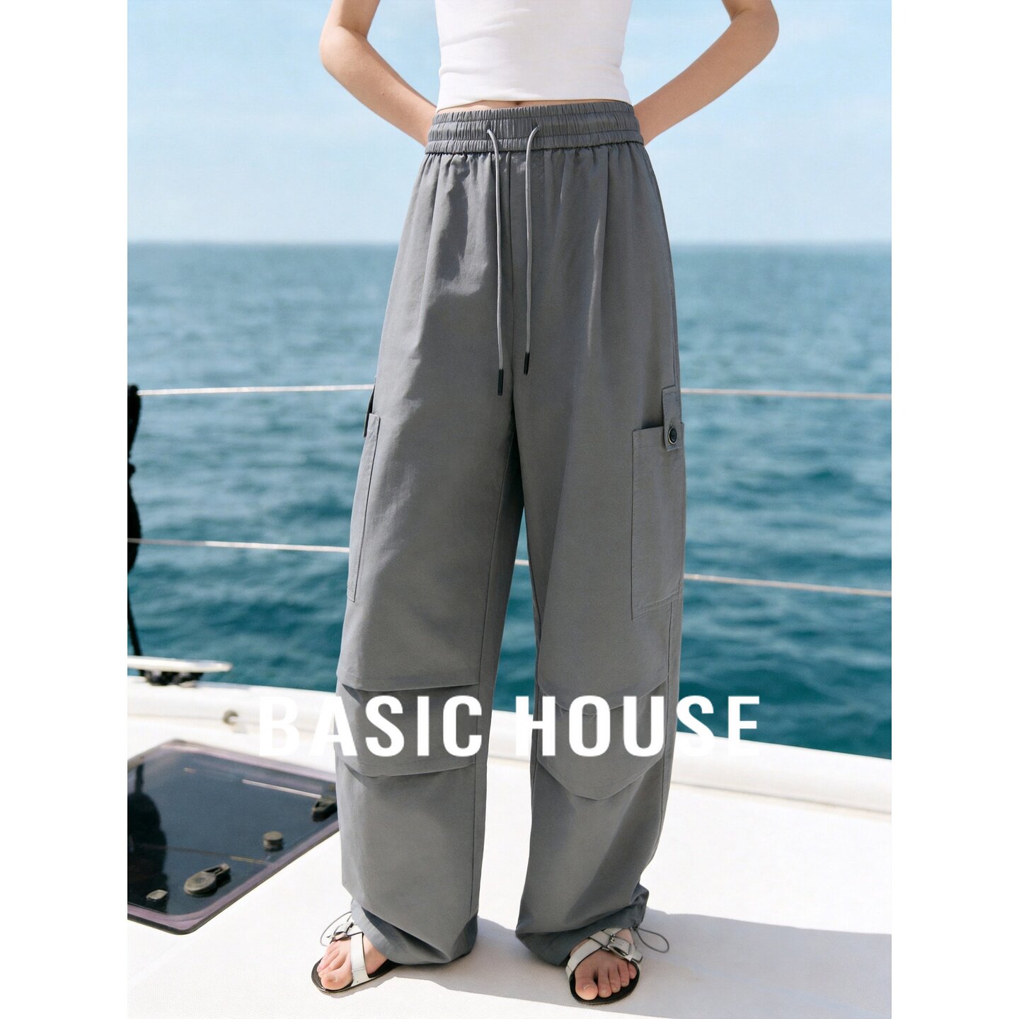 Basic House/百家好工装风多口袋束脚裤女夏季纯棉灰色宽松休闲裤