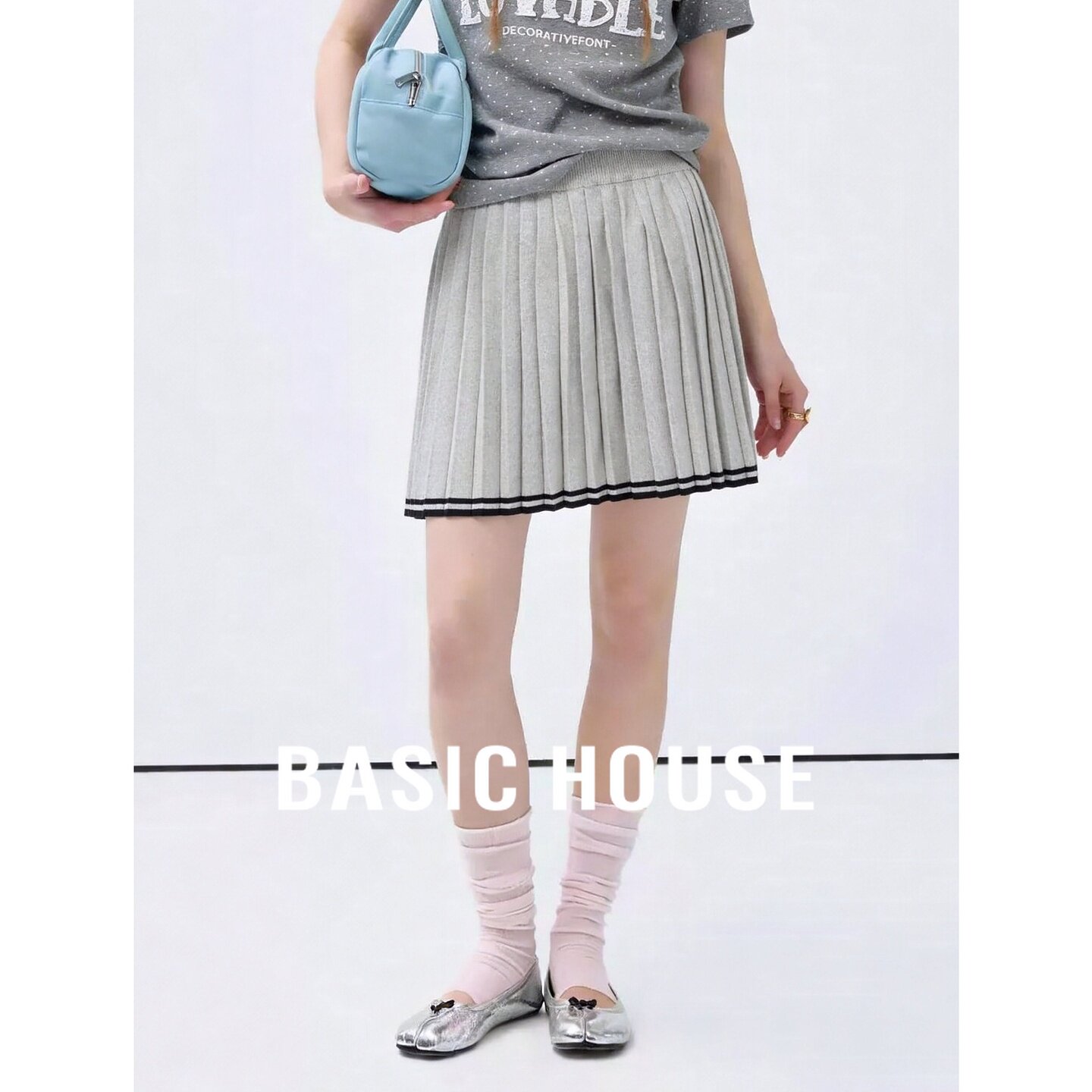 Basic House/百家好浅卡百褶裙女A字高腰学生裙韩版秋夏日常通勤