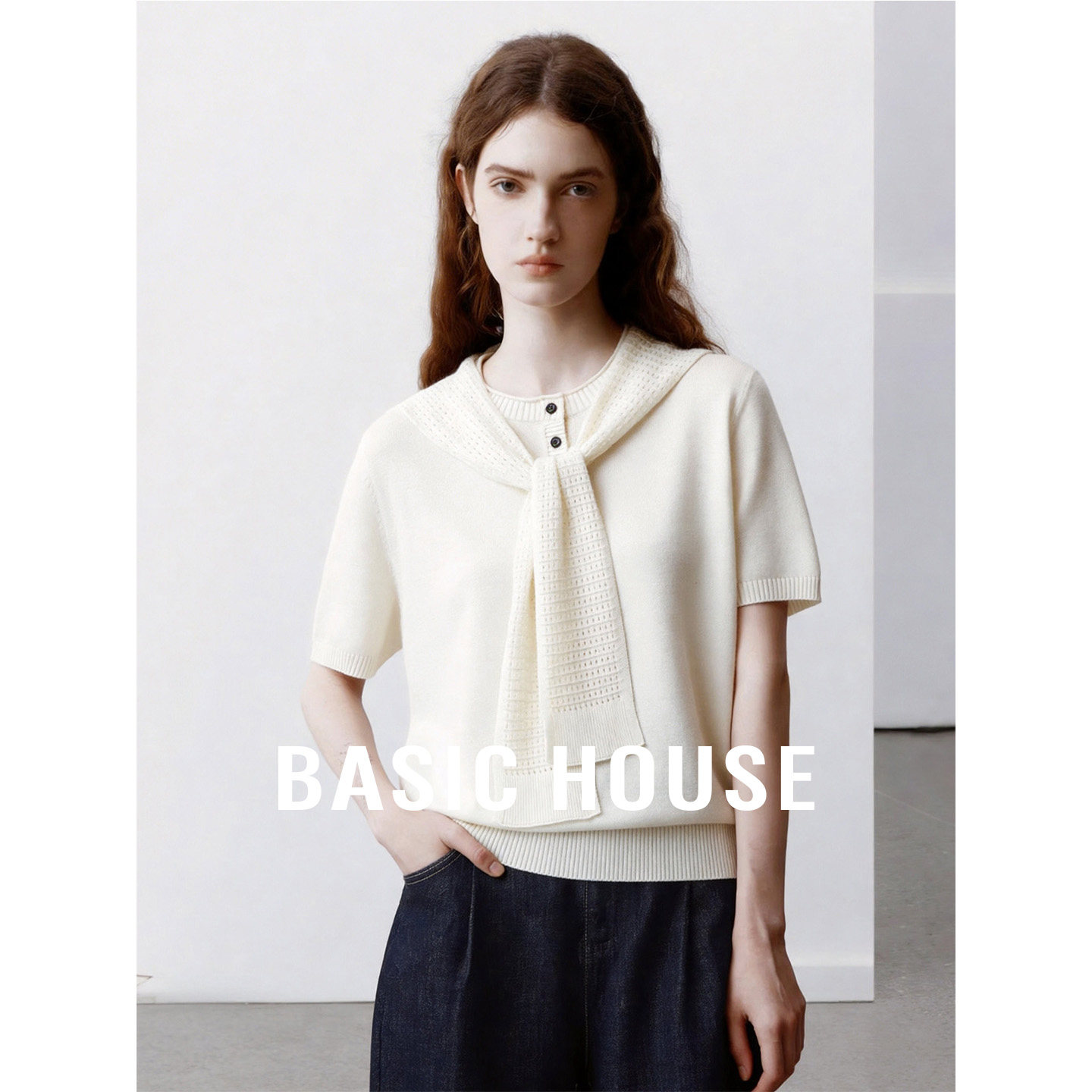 Basic House/百家好白色带披肩圆领短袖针织衫女夏季透气百搭上衣