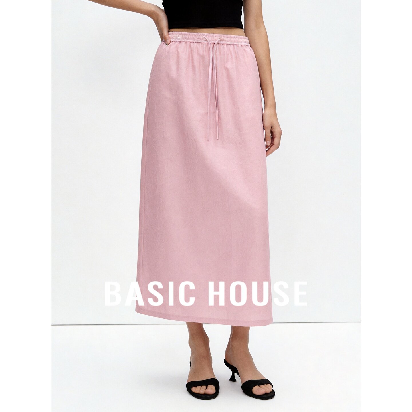 Basic House/百家好醋纤系带半身裙女夏A字长裙松弛感抽绳半裙