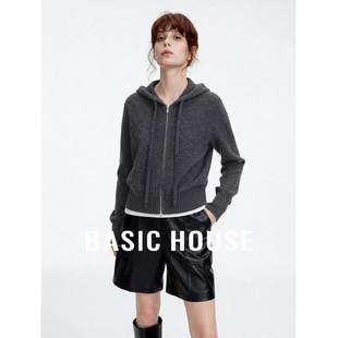 Basic House/百家好连帽短款双开拉链毛衣2026秋冬新款加厚上衣女