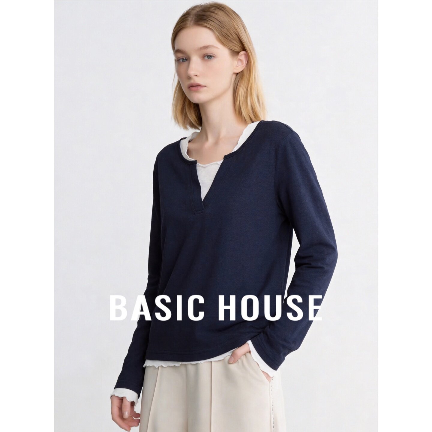 Basic House/百家好2026秋棉质藏蓝亨利领假两件宽松长袖T恤上衣
