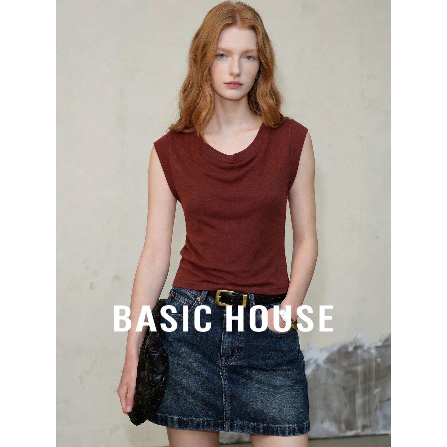 Basic House/百家好无袖上衣桑蚕丝莱赛尔堆堆领修身女夏极简韩版