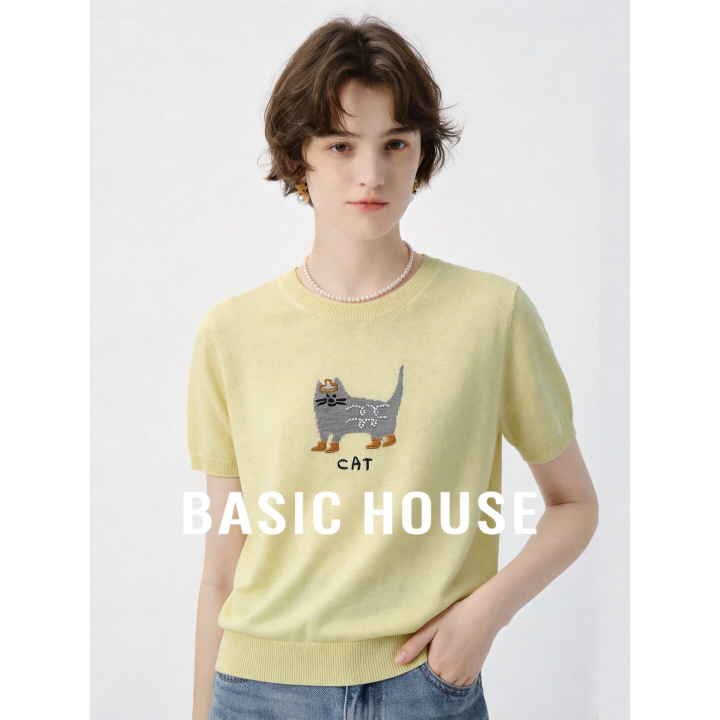 Basic House/百家好可爱猫咪刺绣针织衫女夏季莱赛尔亚麻透气上衣