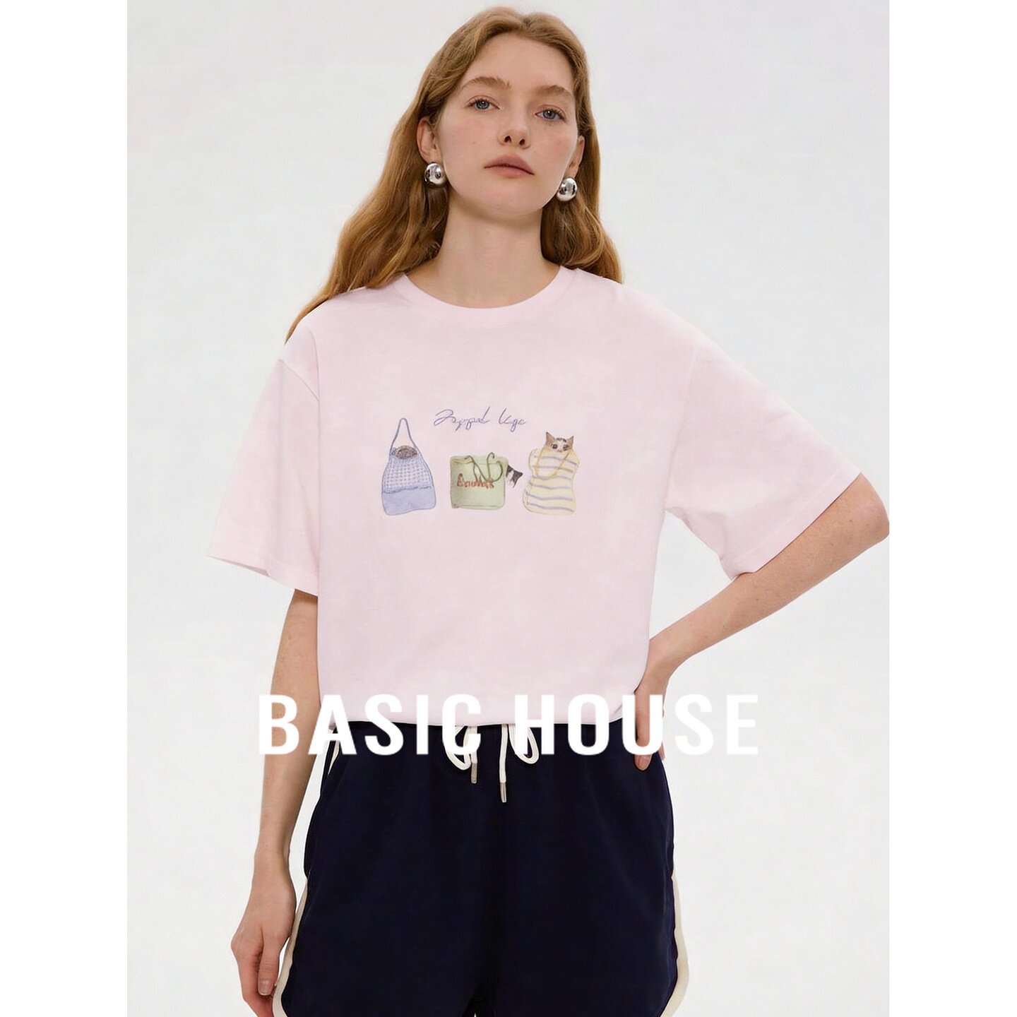 Basic House/百家好粉色宽松休闲短袖T恤女2026夏季圆领棉质上衣