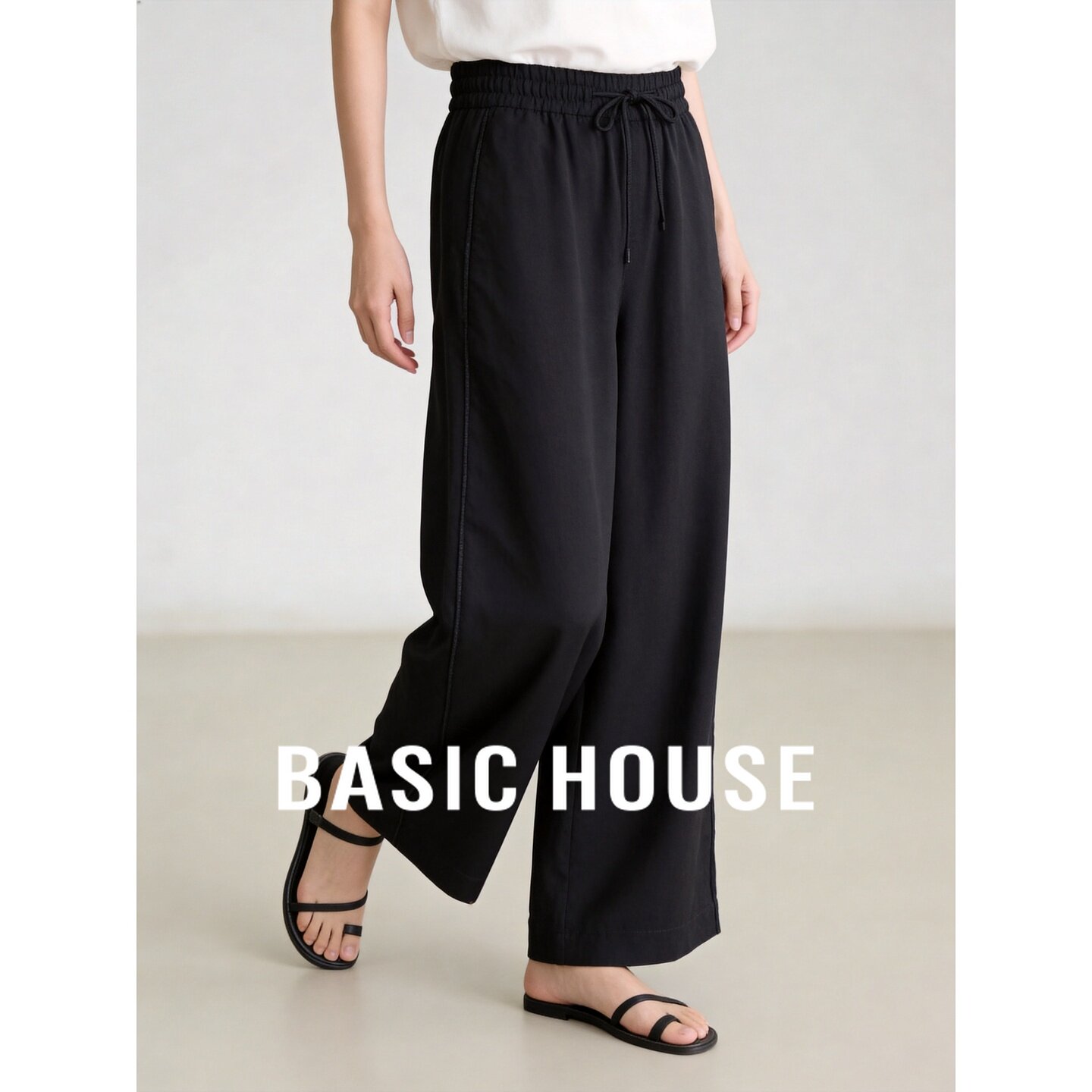 Basic House/百家好黑色纯棉直筒阔腿裤女2026夏季显瘦休闲裤