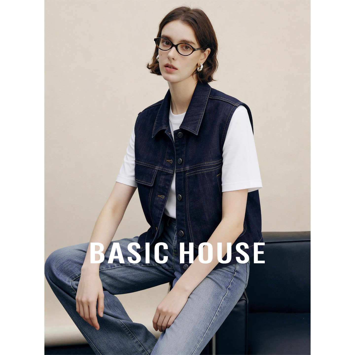 Basic House/百家好春季洋气好看翻领牛仔马甲宽松无袖外搭上衣女