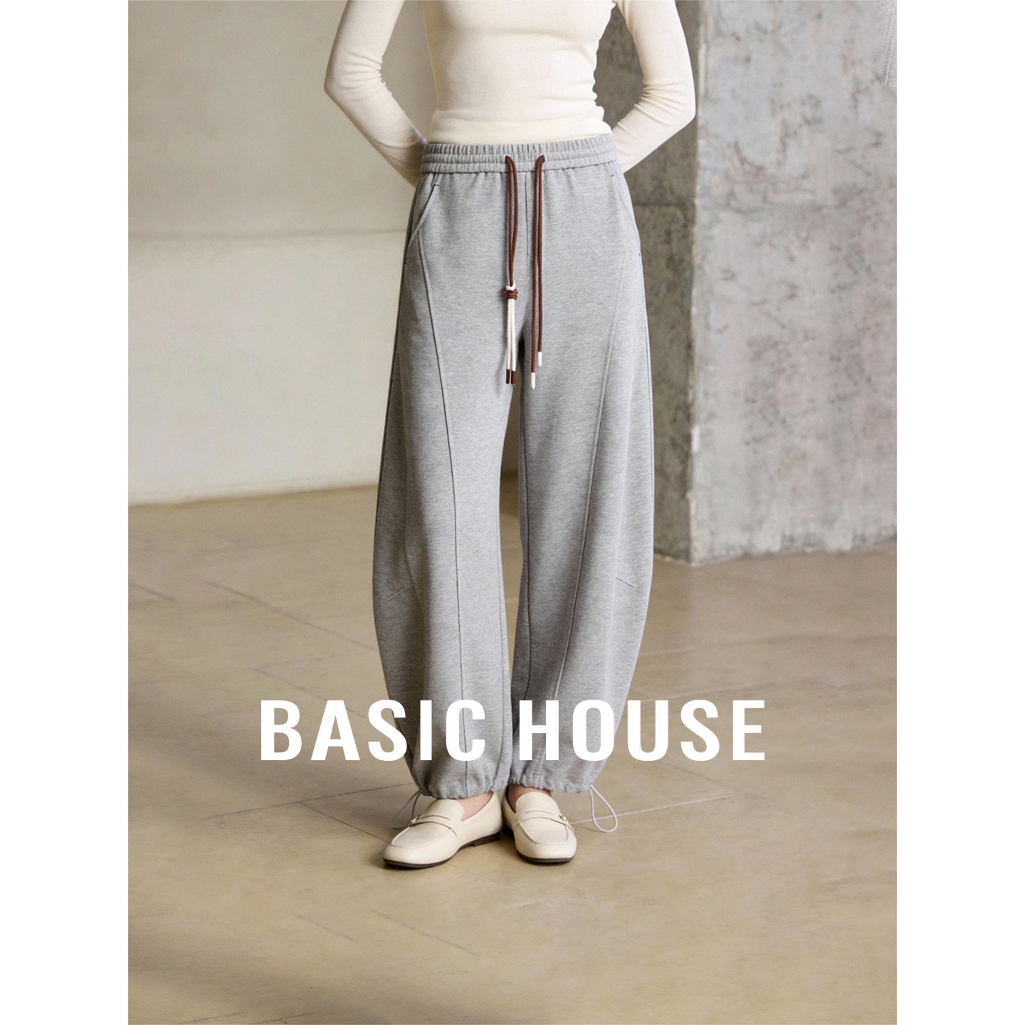 Basic House/百家好灰色抽绳系带弯刀裤女春季宽松休闲百搭卫裤