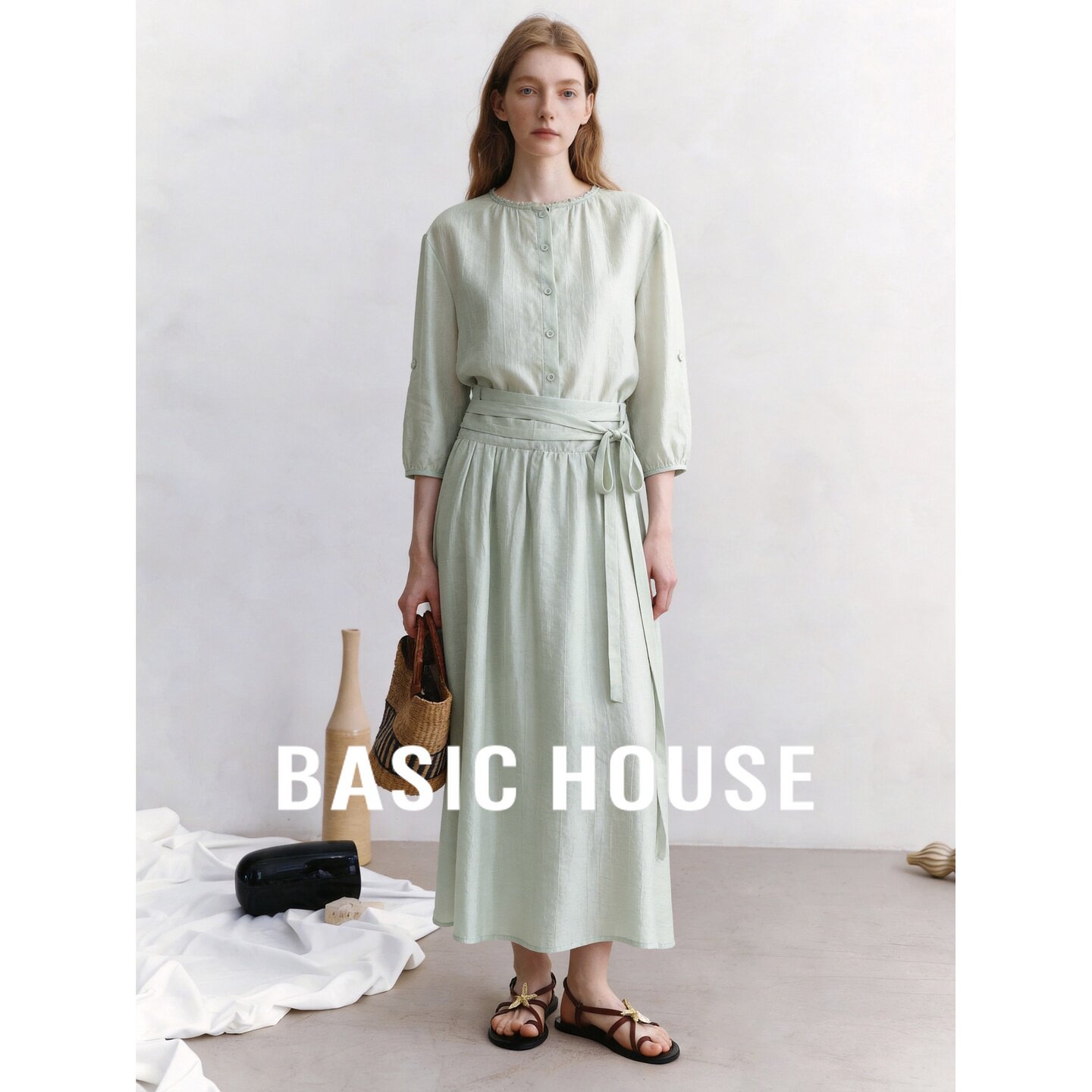 Basic House/百家好2026秋季薄荷绿长袖衬衫抽绳半身裙两件套套装