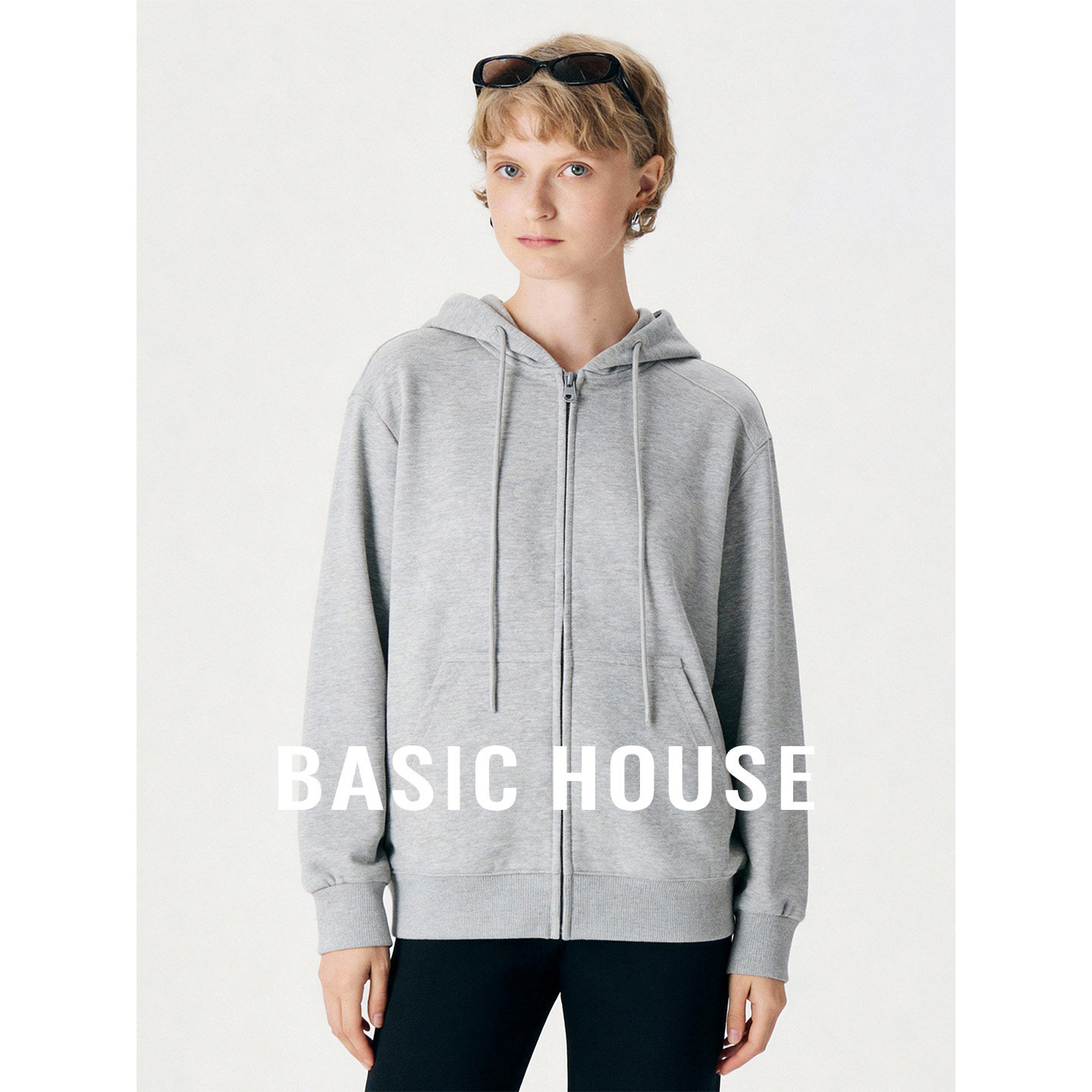Basic House/百家好浅灰连帽拉链宽松卫衣女春慵懒风显瘦百搭外套