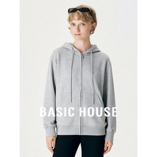 Basic House/百家好浅灰连帽拉链宽松卫衣女春慵懒风显瘦百搭外套