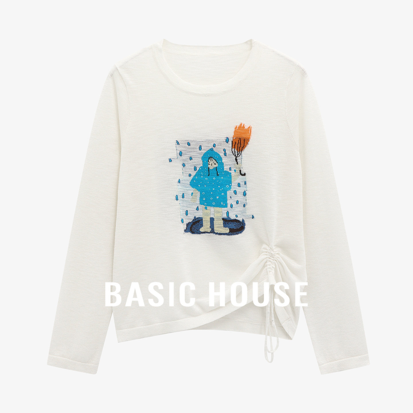 Basic House/百家好柔软透气下摆抽褶圆领针织衫卡通提花宽松上衣