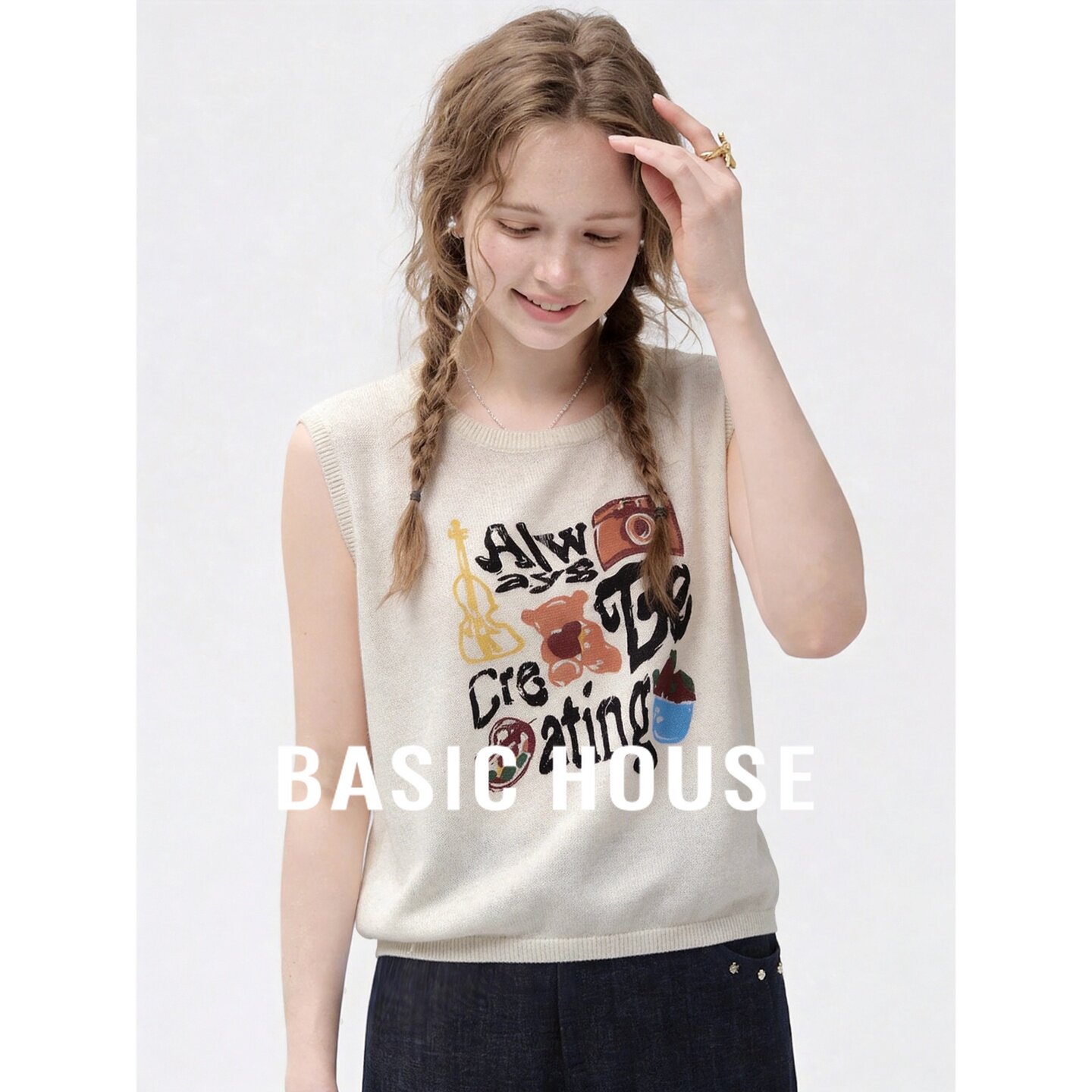 Basic House/百家好夏季新款圆领无袖针织衫女原麻色休闲舒适上衣