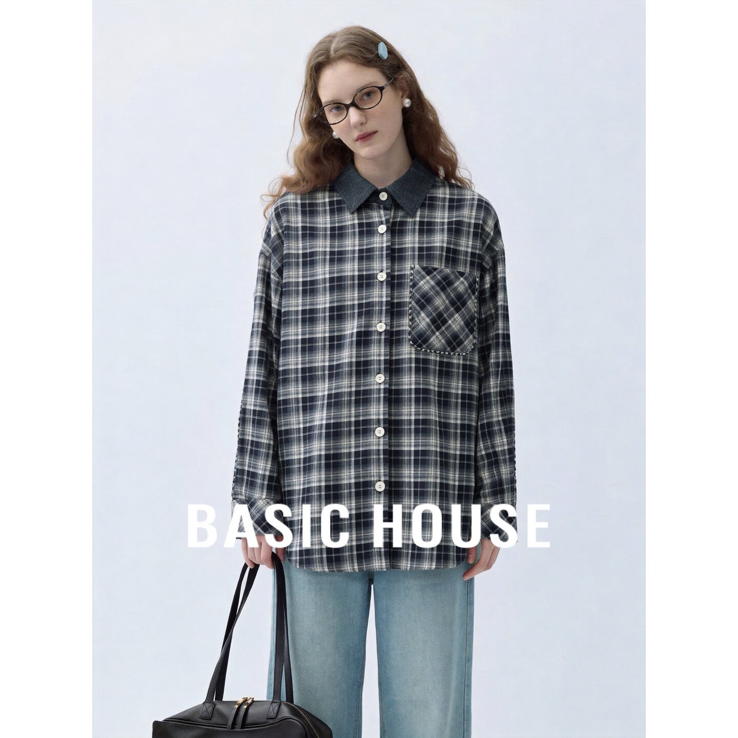 Basic House/百家好复古风格子衬衫女长袖宽松翻领休闲百搭上衣
