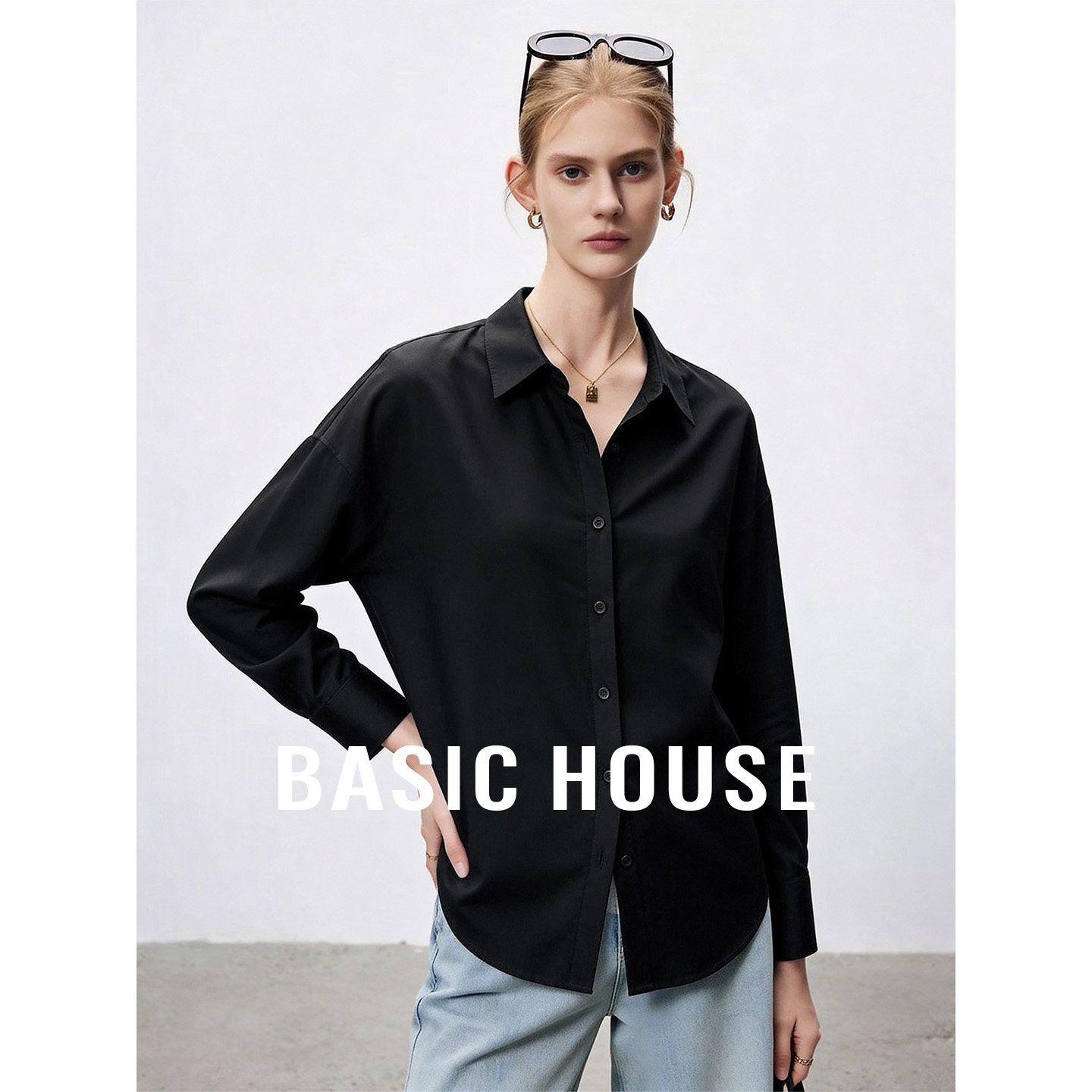Basic House/百家好黑色翻领长袖衬衫女秋季新款通勤百搭内搭衬衣