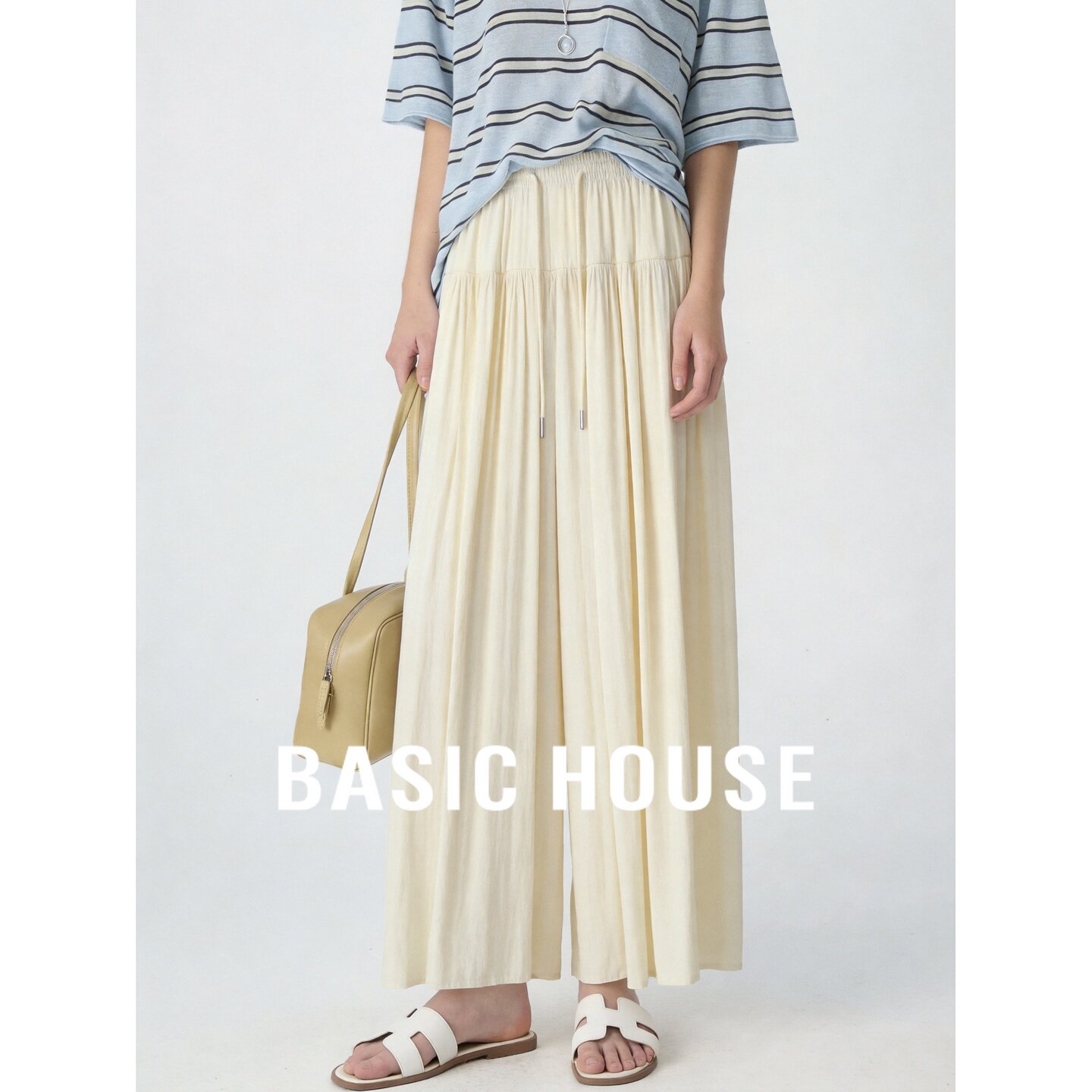 Basic House/百家好极简风米色高腰阔腿裤女夏垂感显瘦百搭休闲裤