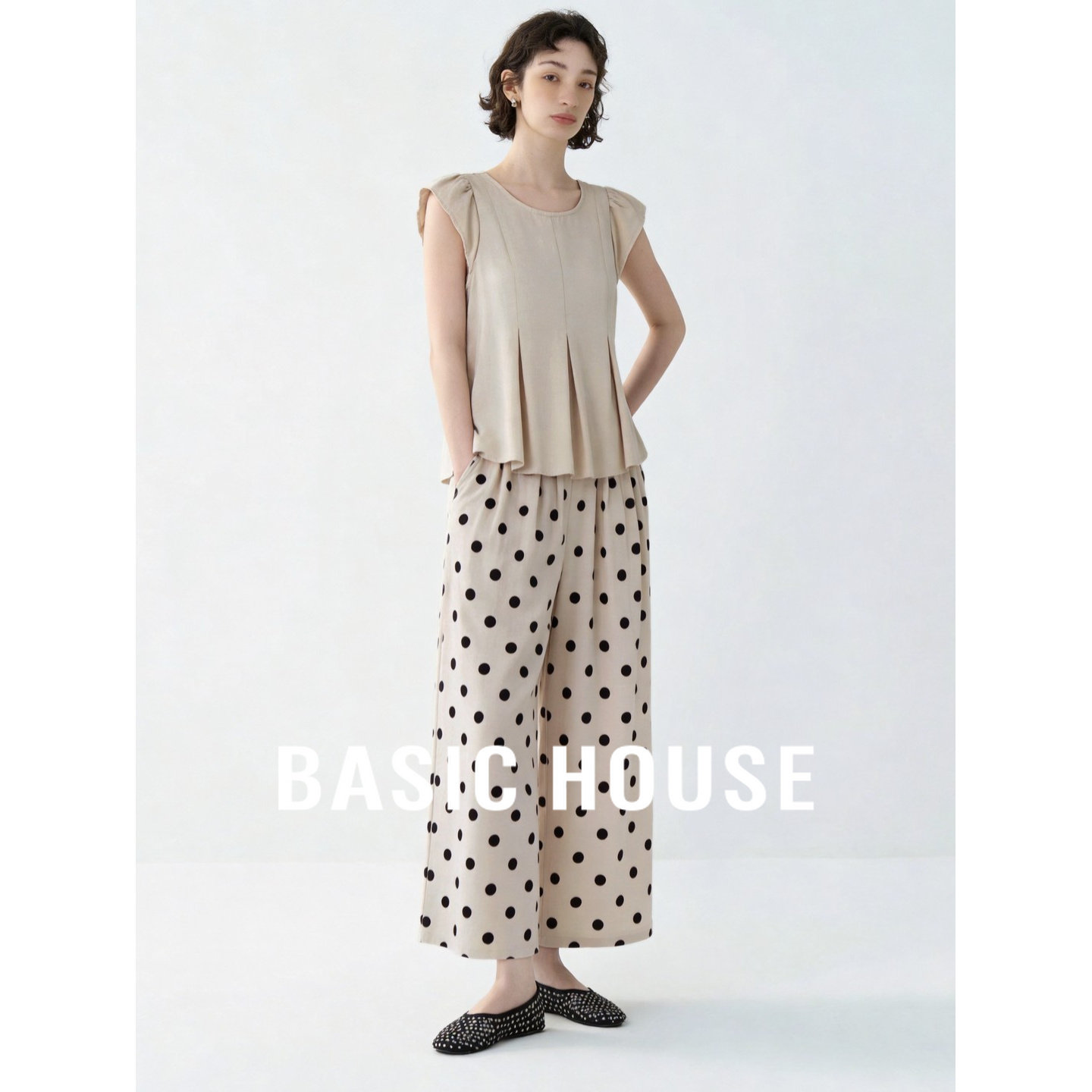 Basic House/百家好圆领飞袖上衣波点阔腿裤两件套女夏季气质套装