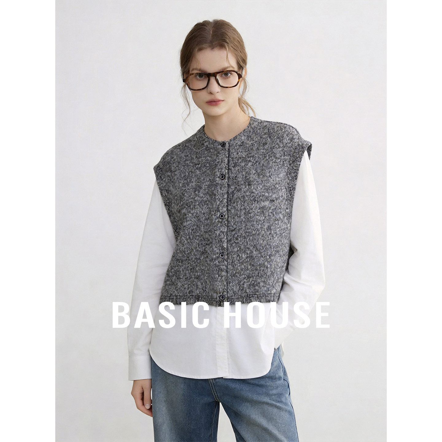 Basic House/百家好假两件撞色拼接圆领衬衫夏季新款气质宽松上衣
