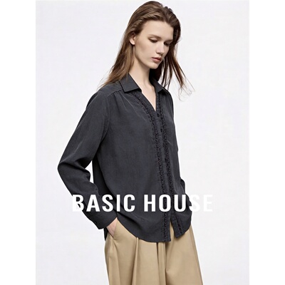 Basic House/百家好轻熟风莱赛尔V领长袖衬衫女宽松花边装饰上衣