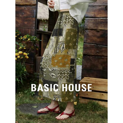 Basic House/百家好森系拼布印花半身裙女夏季莱赛尔垂感复古长裙
