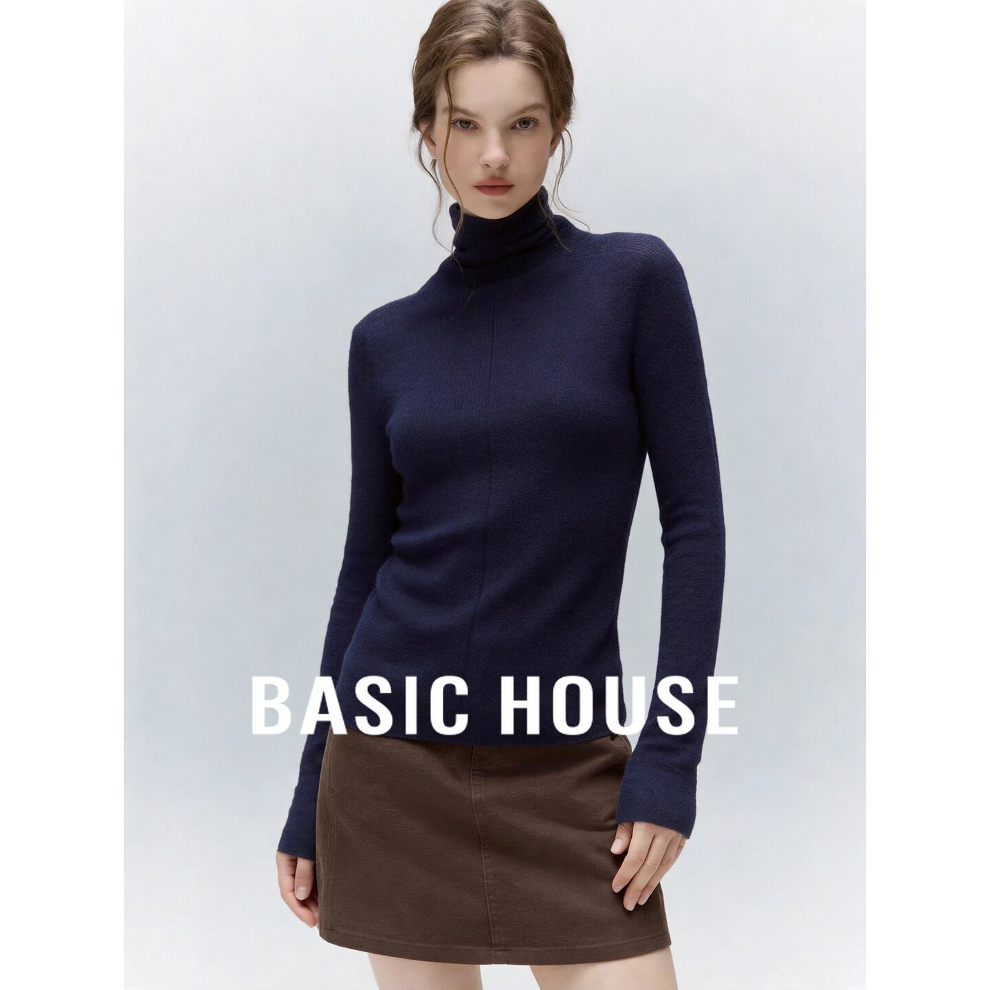 Basic House/百家好2026秋季纯羊毛藏蓝高领短款长袖套头针织衫女