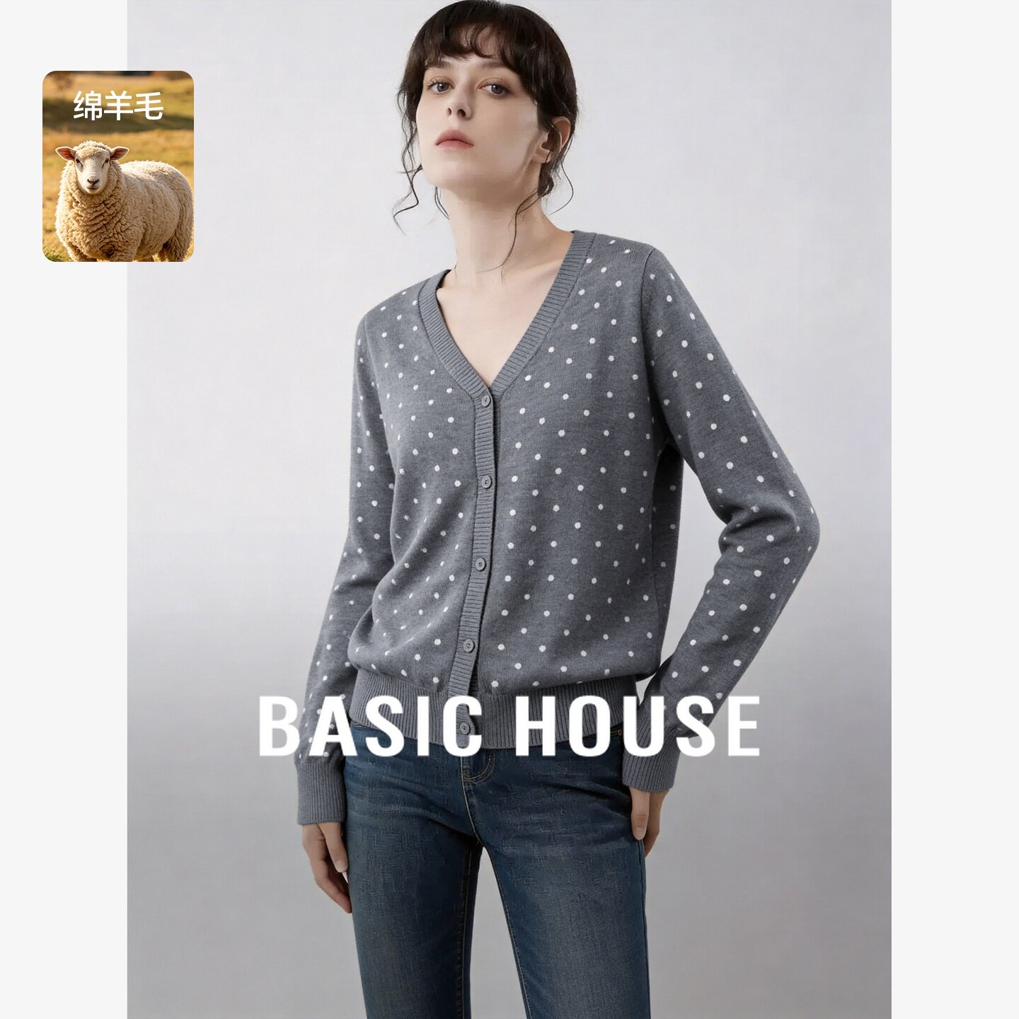 Basic House/百家好法式慵懒风波点V领针织开衫羊毛宽松毛衣外套