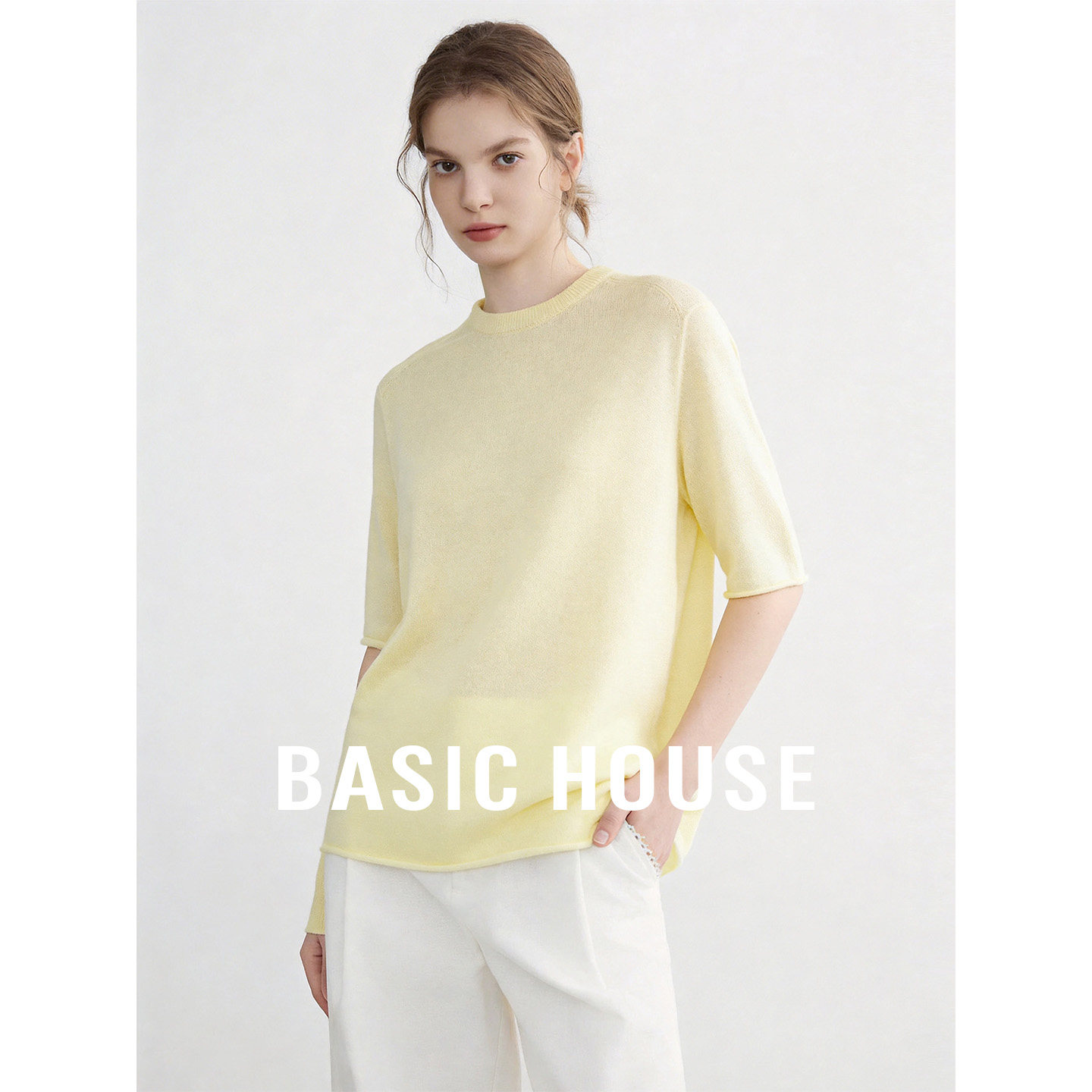Basic House/百家好纯色圆领五分袖针织衫宽松套头基础款内搭上衣