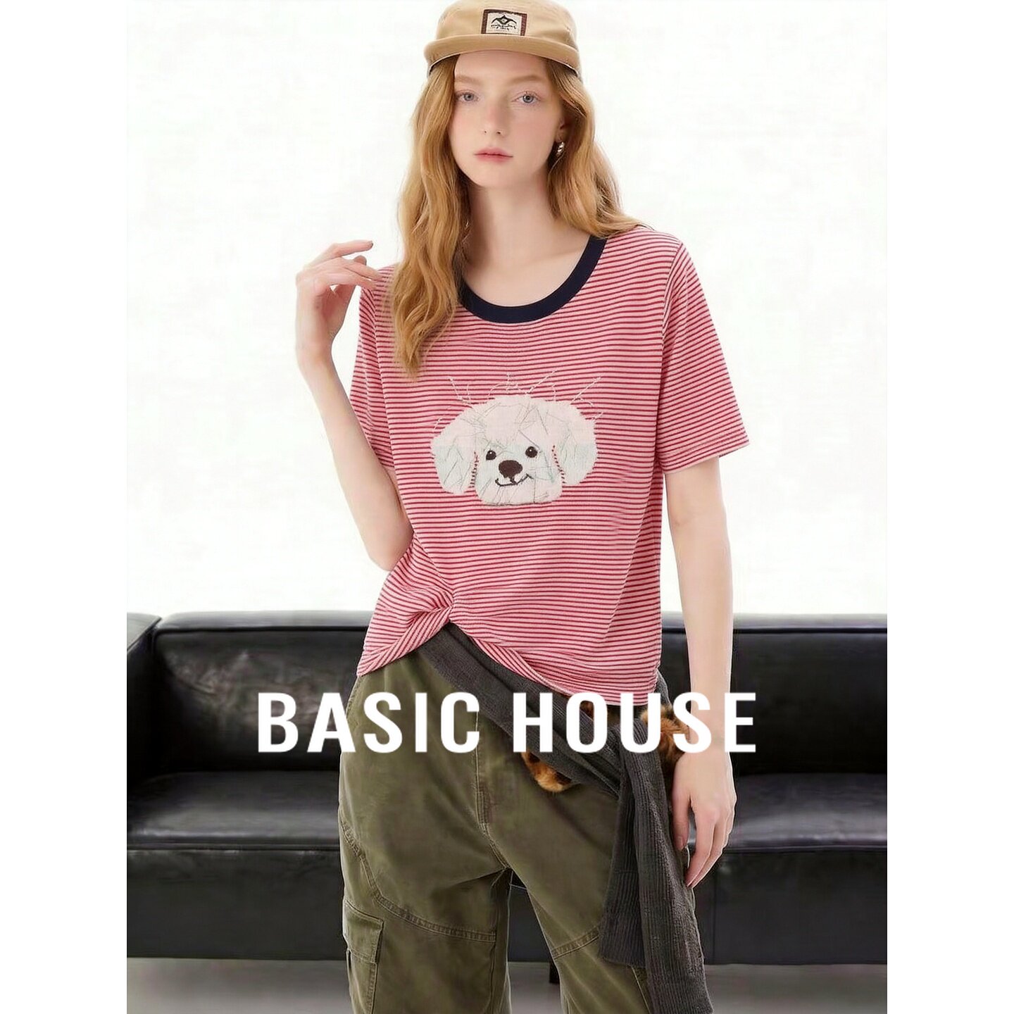 Basic House/百家好粉色条纹小狗卡通针织衫女莱赛尔宽松短袖上衣