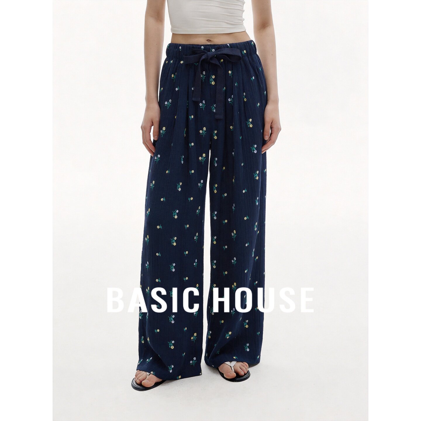 Basic House/百家好碎花抽绳垂感阔腿裤女夏宽松休闲长裤慵懒风