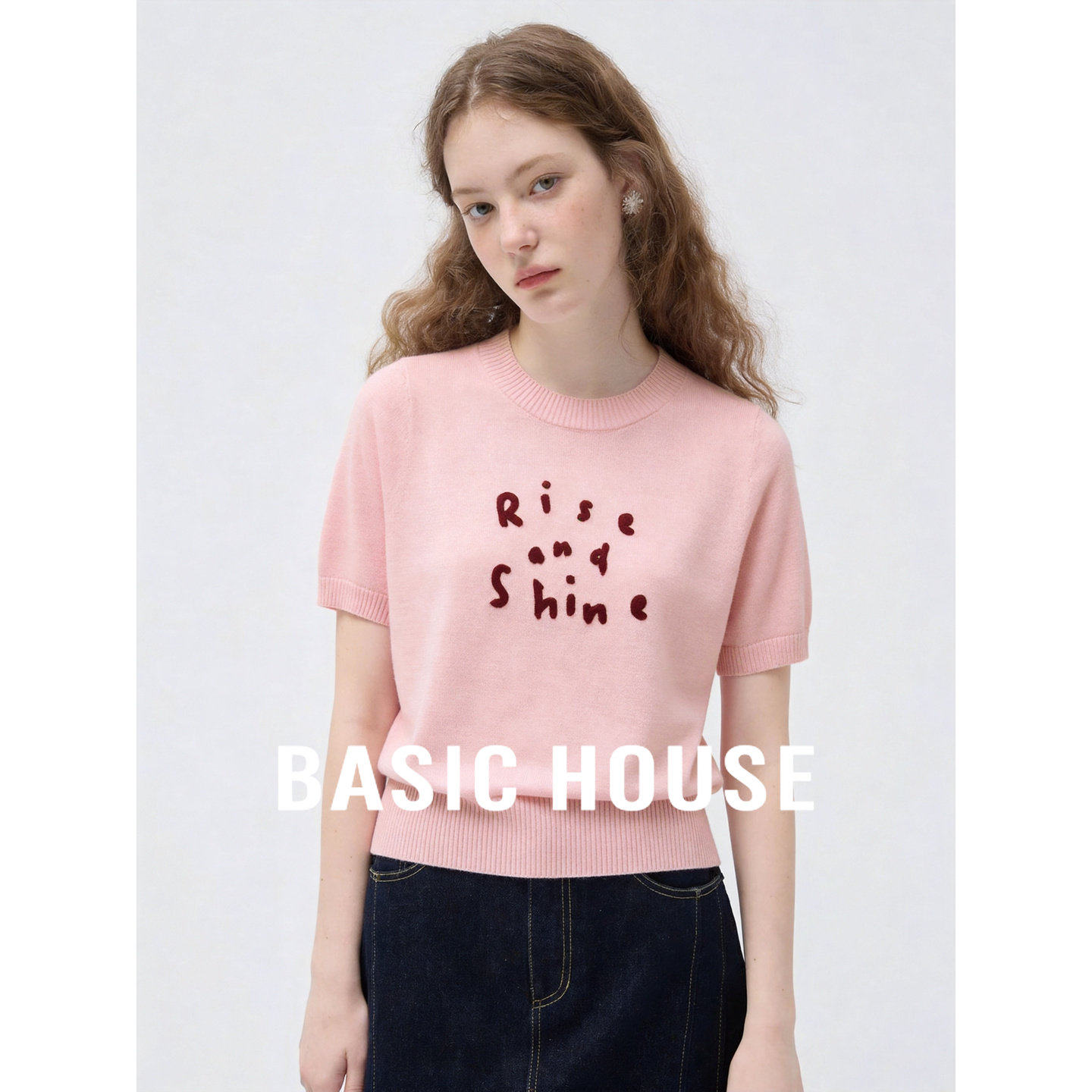 Basic House/百家好粉色韩系短袖针织衫女2026夏正肩显瘦短款上衣