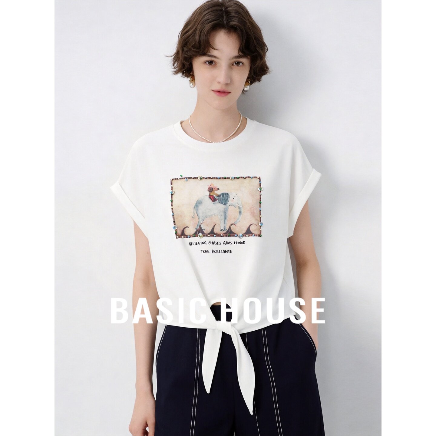 Basic House/百家好简约小象印花白色短袖百搭显瘦亲肤透气T恤女