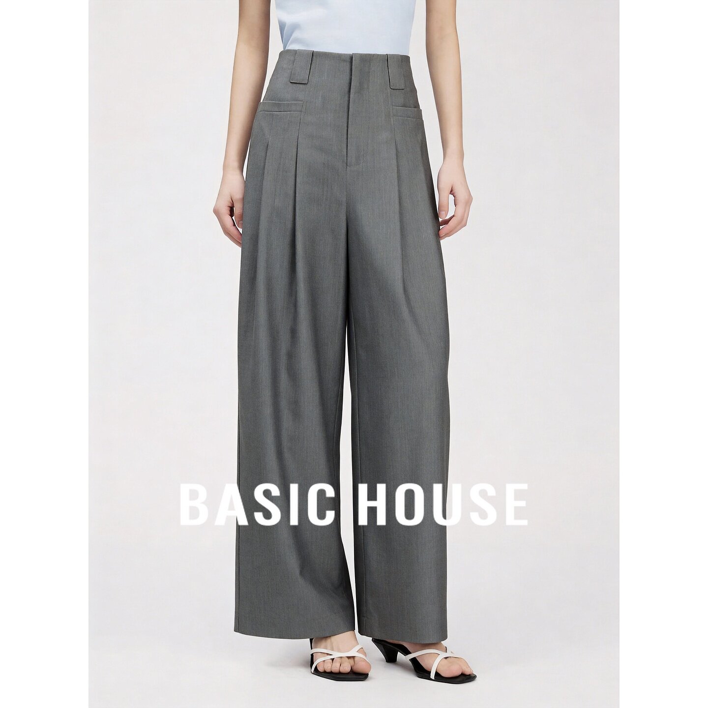 Basic House/百家好高腰阔腿裤女灰色垂坠感西装裤松弛商务风长裤