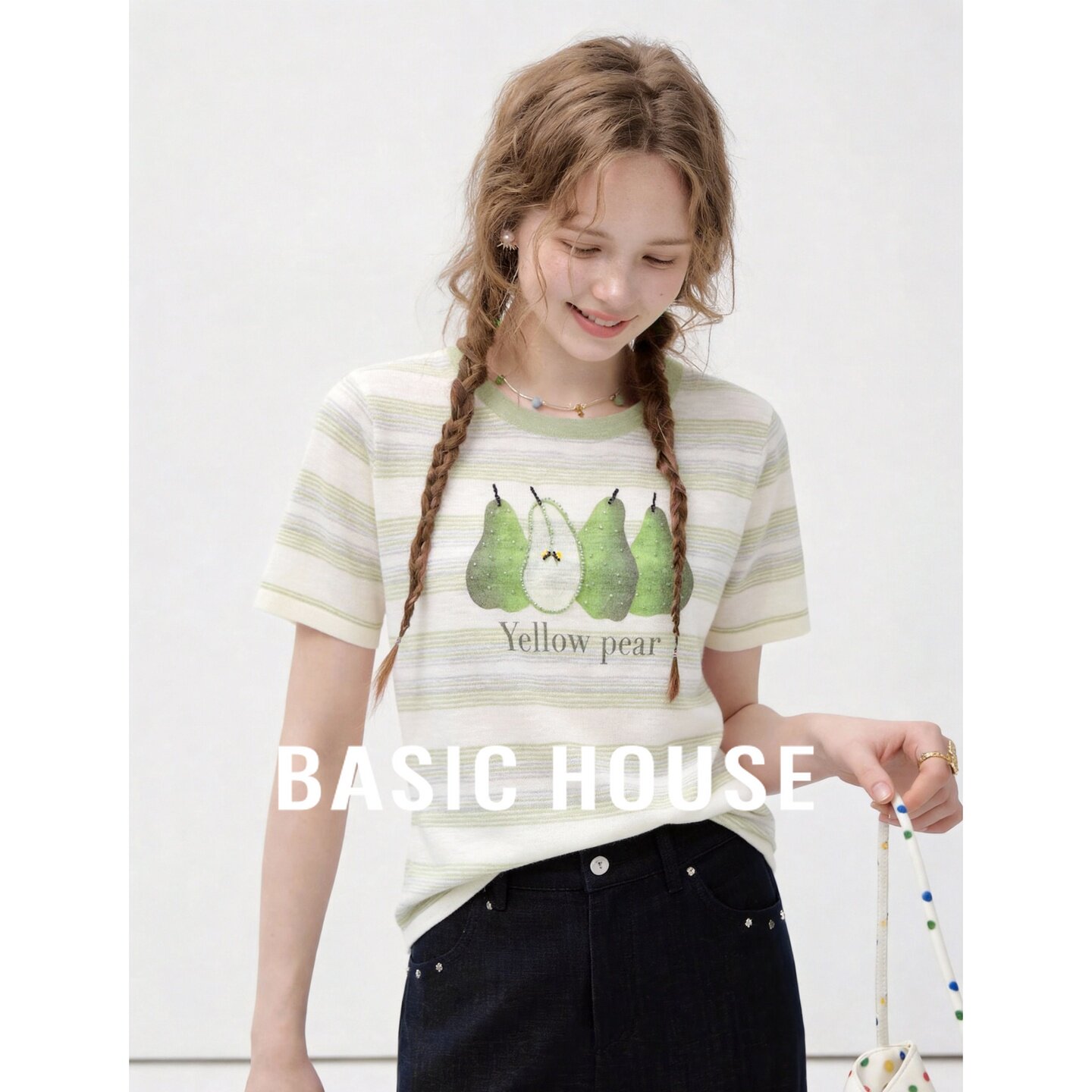 Basic House/百家好梨子印花条纹短袖针织衫女2026夏圆领轻薄上衣