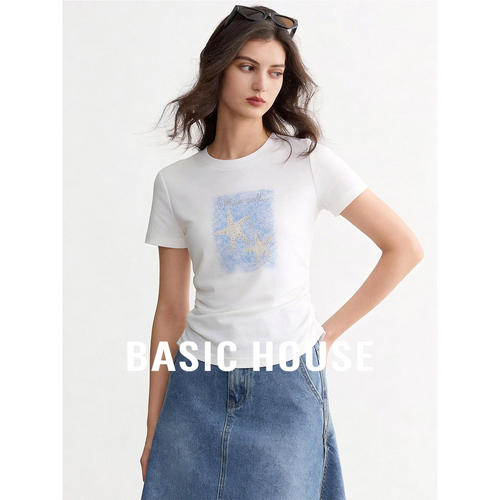Basic House百家好白色休闲印花T恤女夏新款抽褶设计显瘦正肩上衣