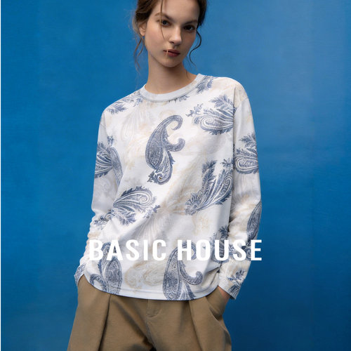 Basic House/百家好腰果花印花长袖T恤女春季百搭显瘦打底上衣