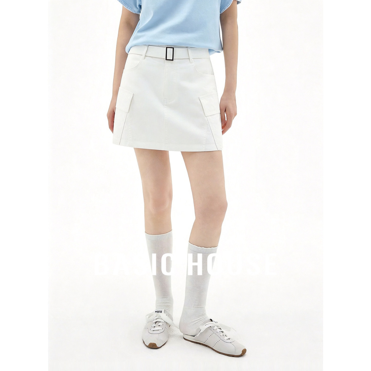 Basic House/百家好白色工装短裙女夏新款高腰显瘦A字裙韩版通勤