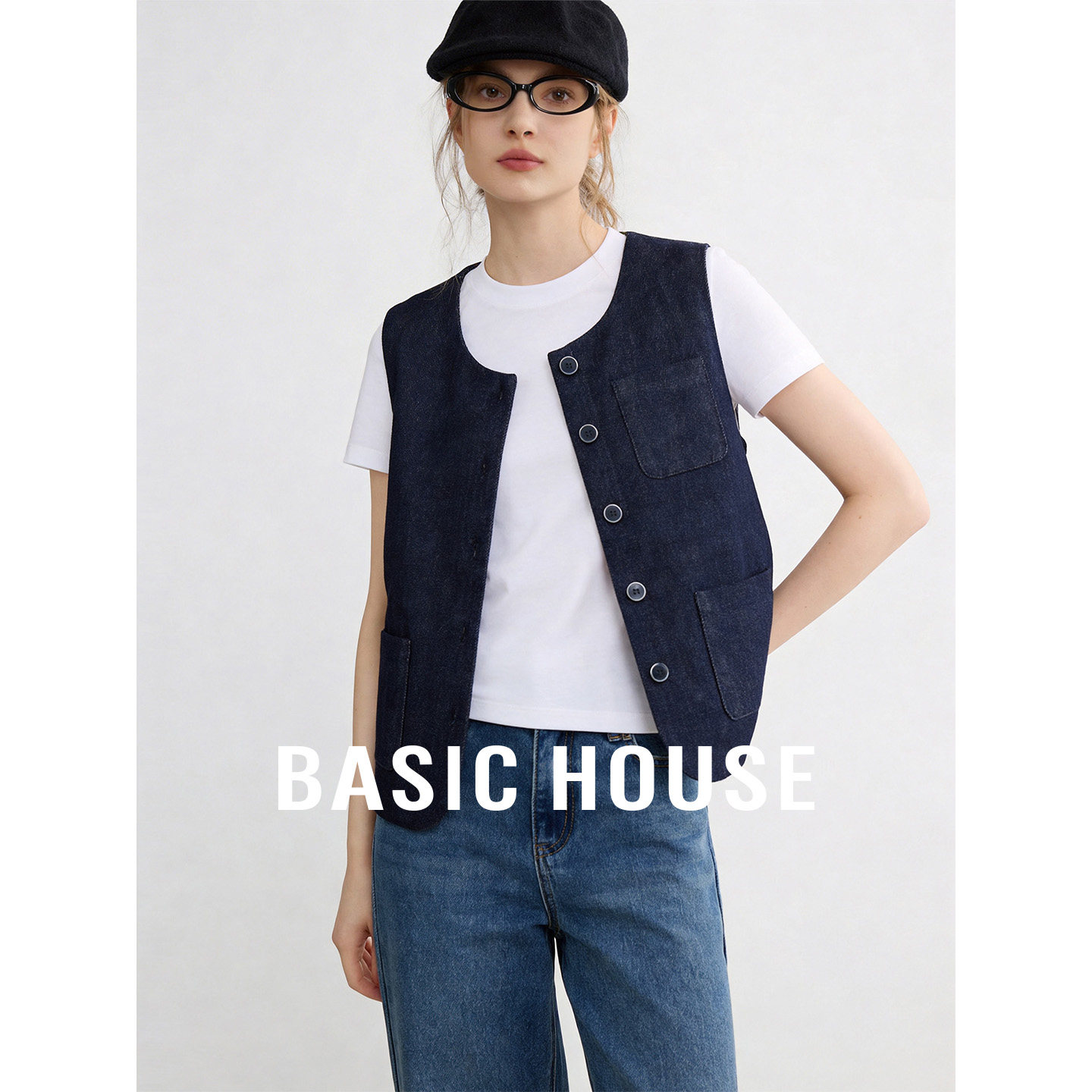 Basic House/百家好美式复古圆领无袖牛仔马甲女夏季叠穿百搭外套