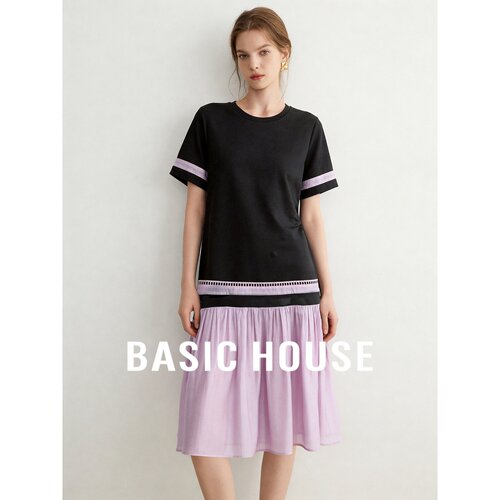 Basic House/百家好2026夏季撞色拼接宽松显瘦舒适中长连衣裙女
