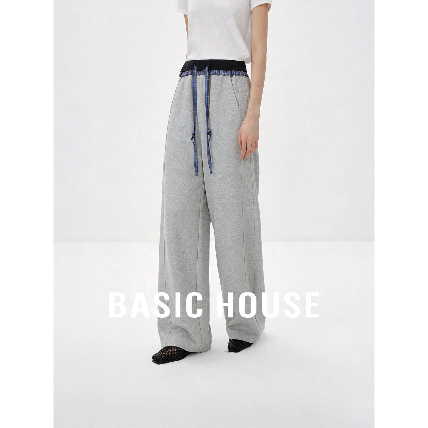 Basic House/百家好经典灰色直筒卫裤女夏季舒适运动百搭休闲长裤