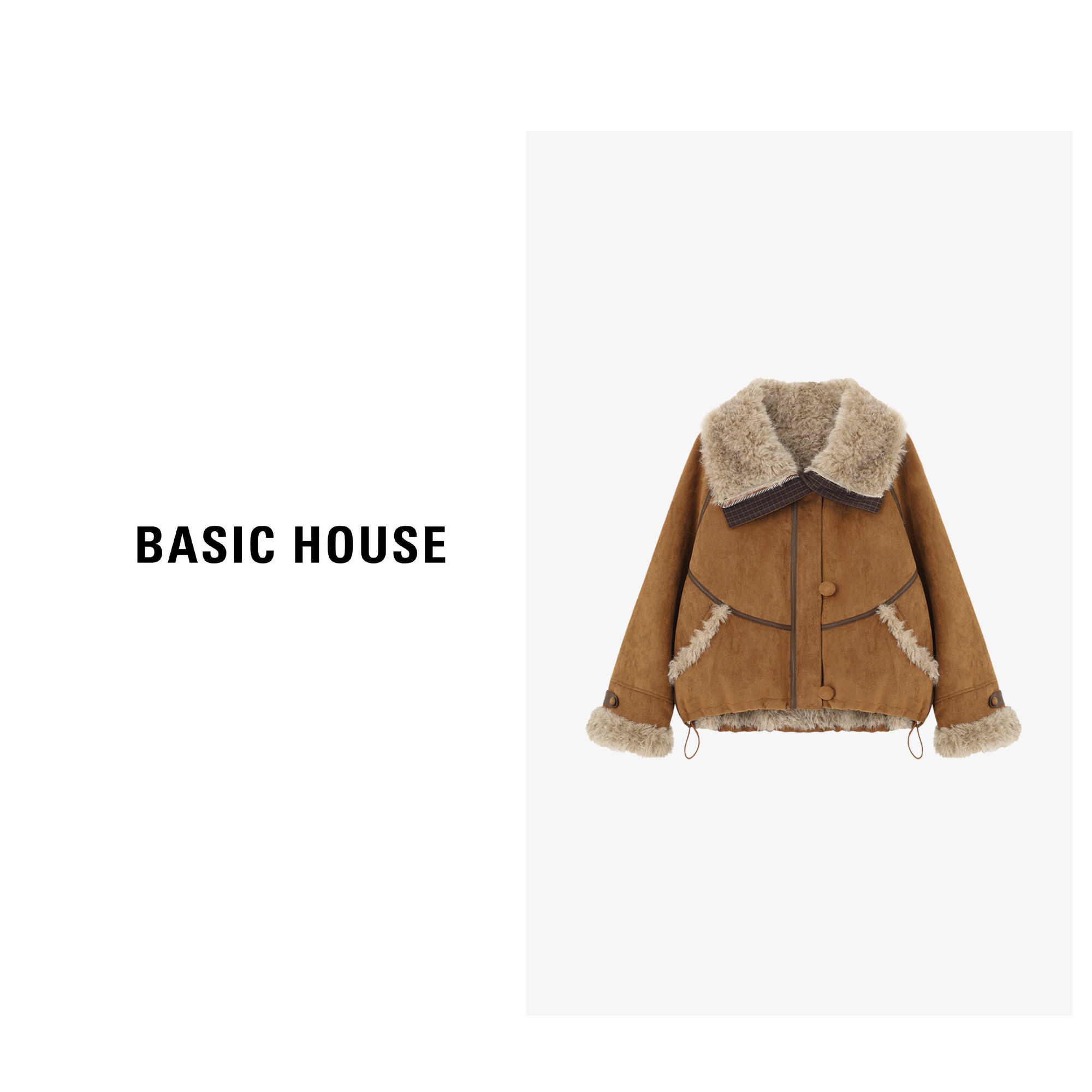 Basic House/百家好大翻领小众设计感皮毛一体外套女秋冬加厚上衣