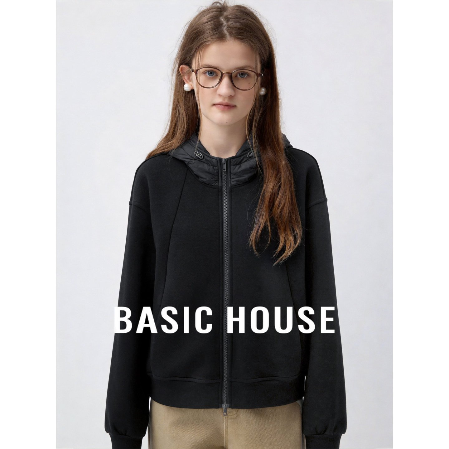 Basic House/百家好休闲风连帽拉链卫衣女宽松显瘦短外套百搭上衣