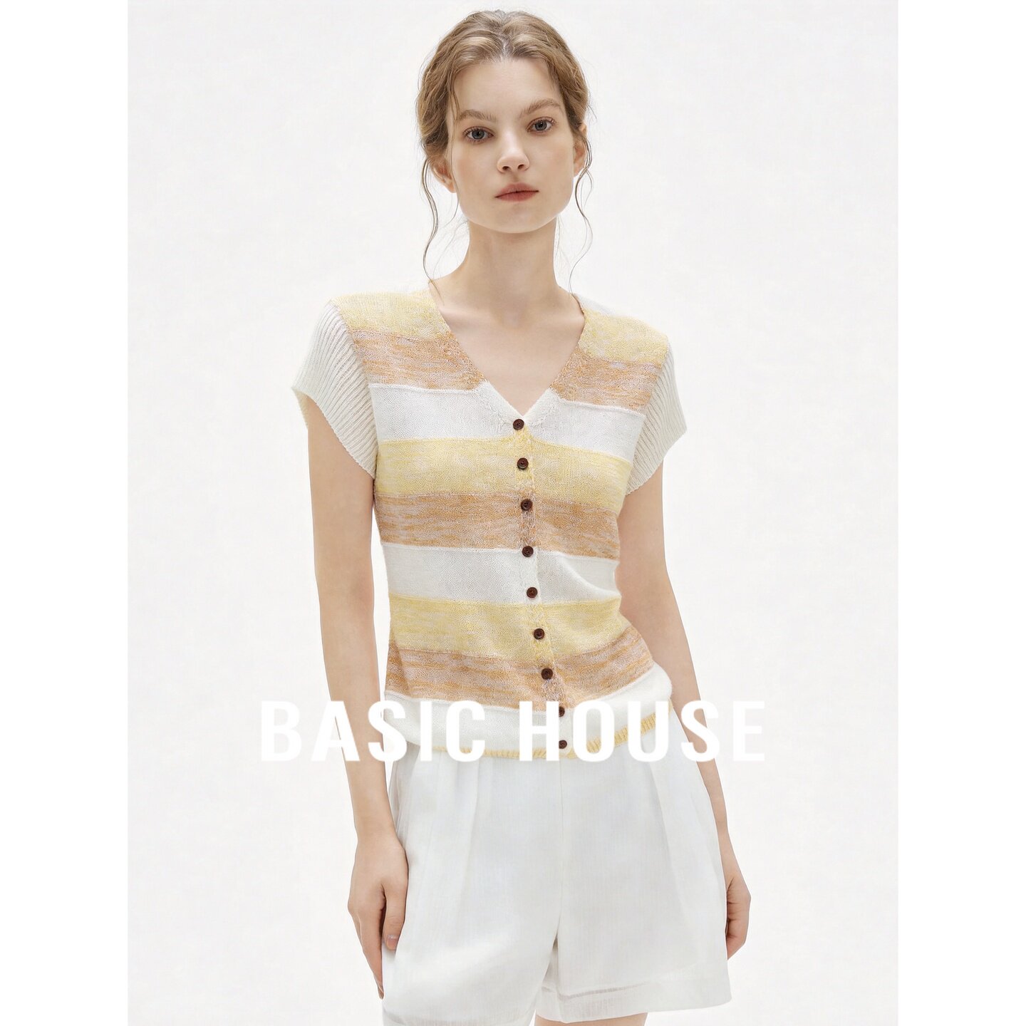Basic House/百家好文艺风条纹针织衫女短袖V领纽扣上衣夏季薄款