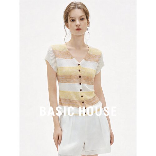 Basic House/百家好文艺风条纹针织衫女短袖V领纽扣上衣夏季薄款