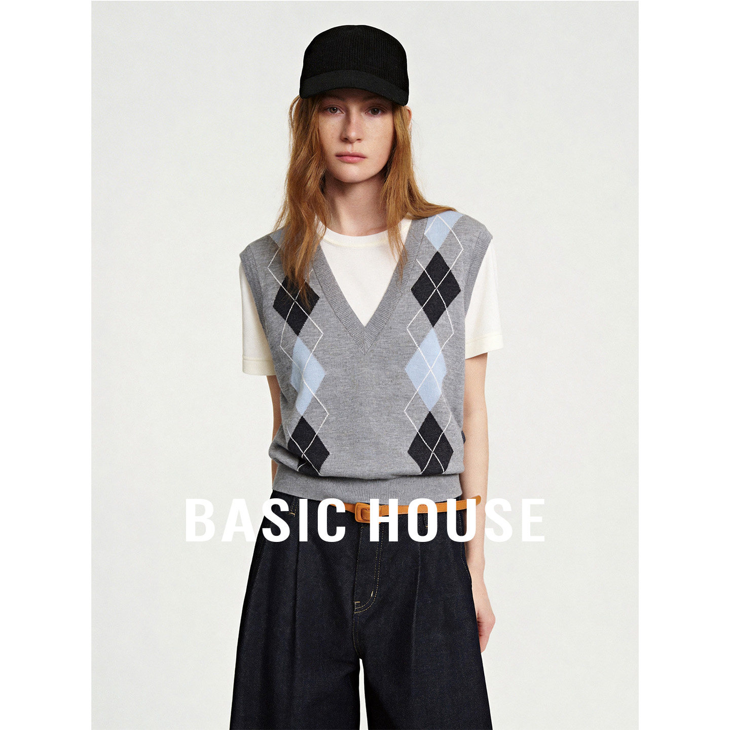 Basic House/百家好假两件针织衫女春菱格背心拼接短袖学院风上衣