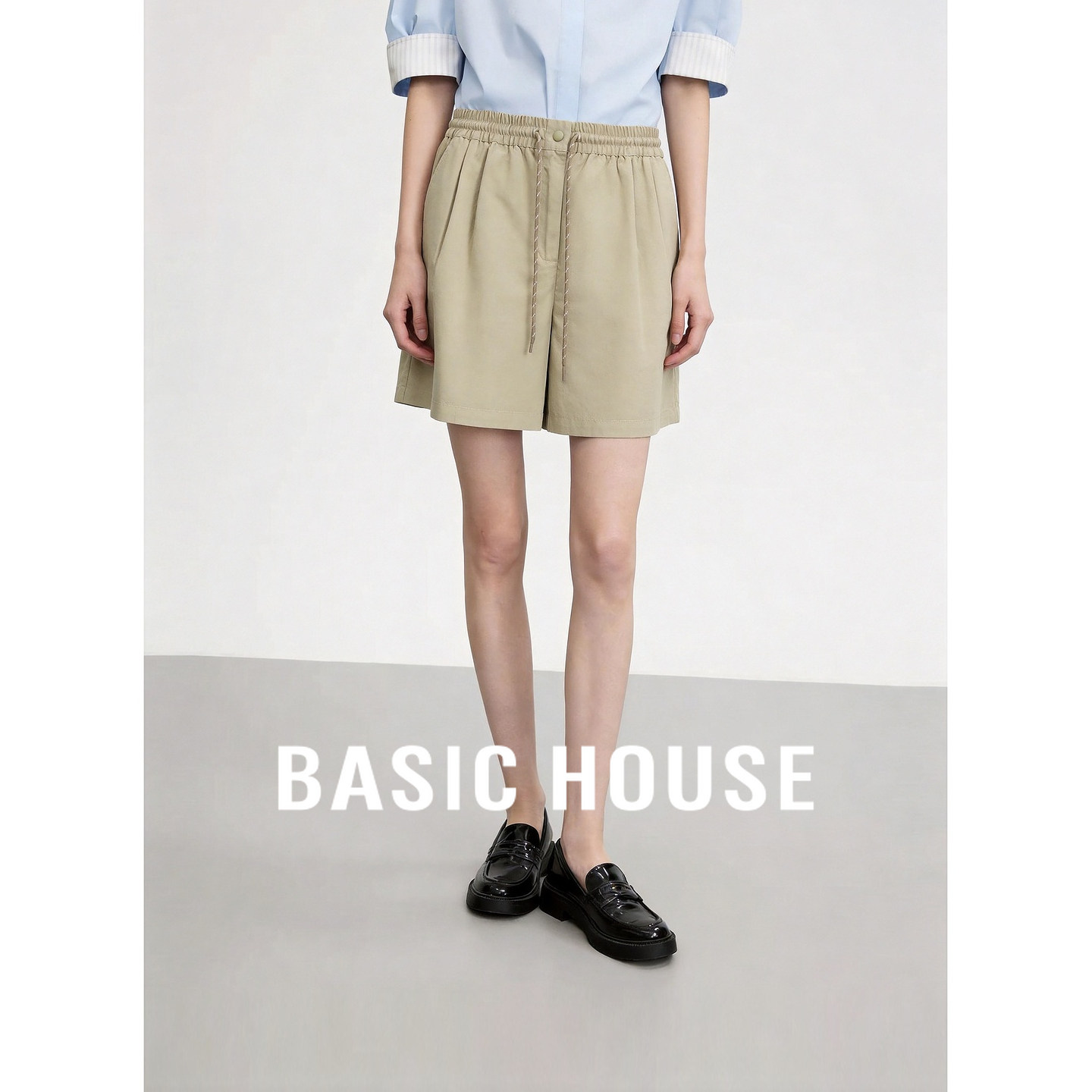 Basic House/百家好卡其色工装风高腰抽绳短裤女夏宽松百搭休闲裤