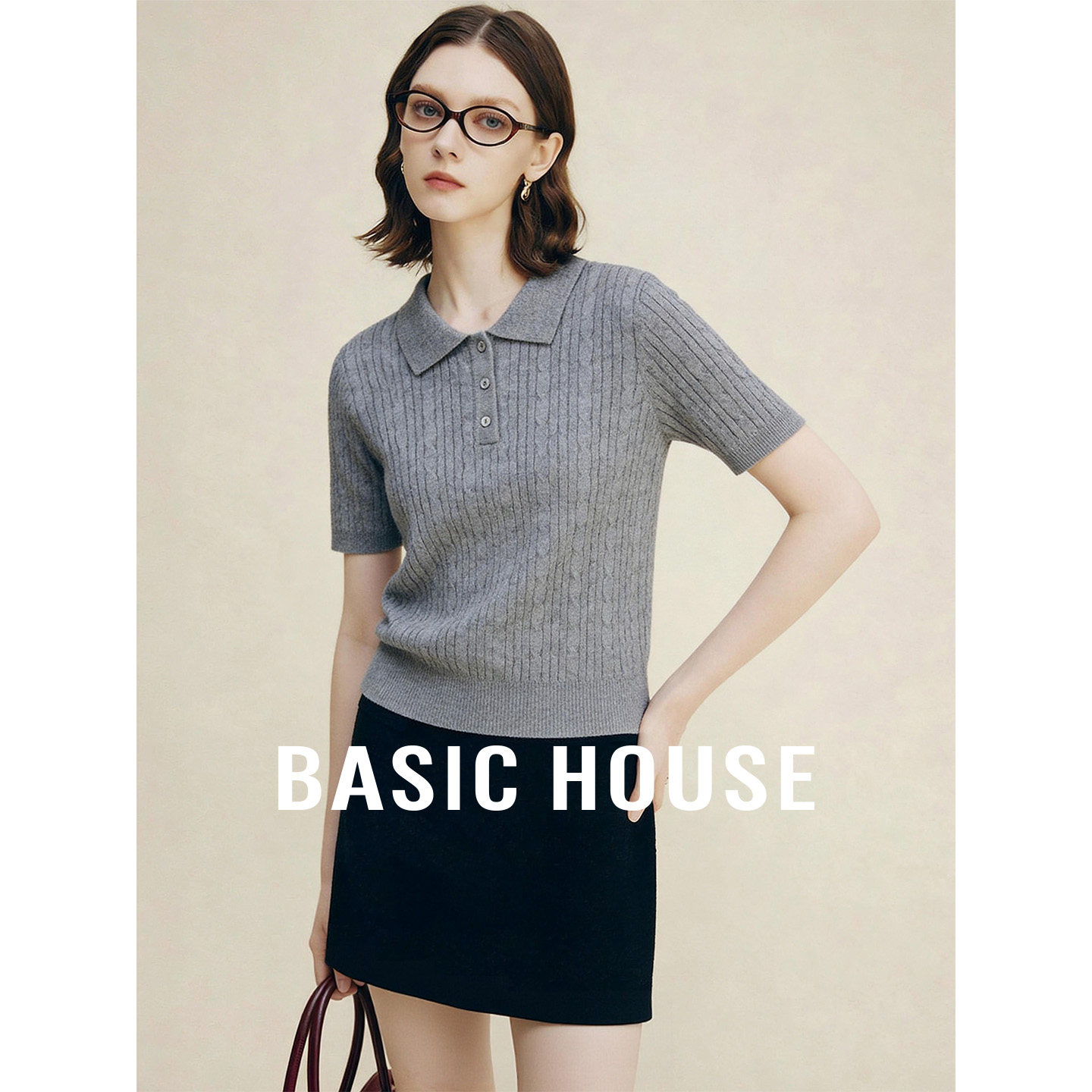 Basic House/百家好polo领修身显瘦绞花短款针织衫女新款短袖上衣