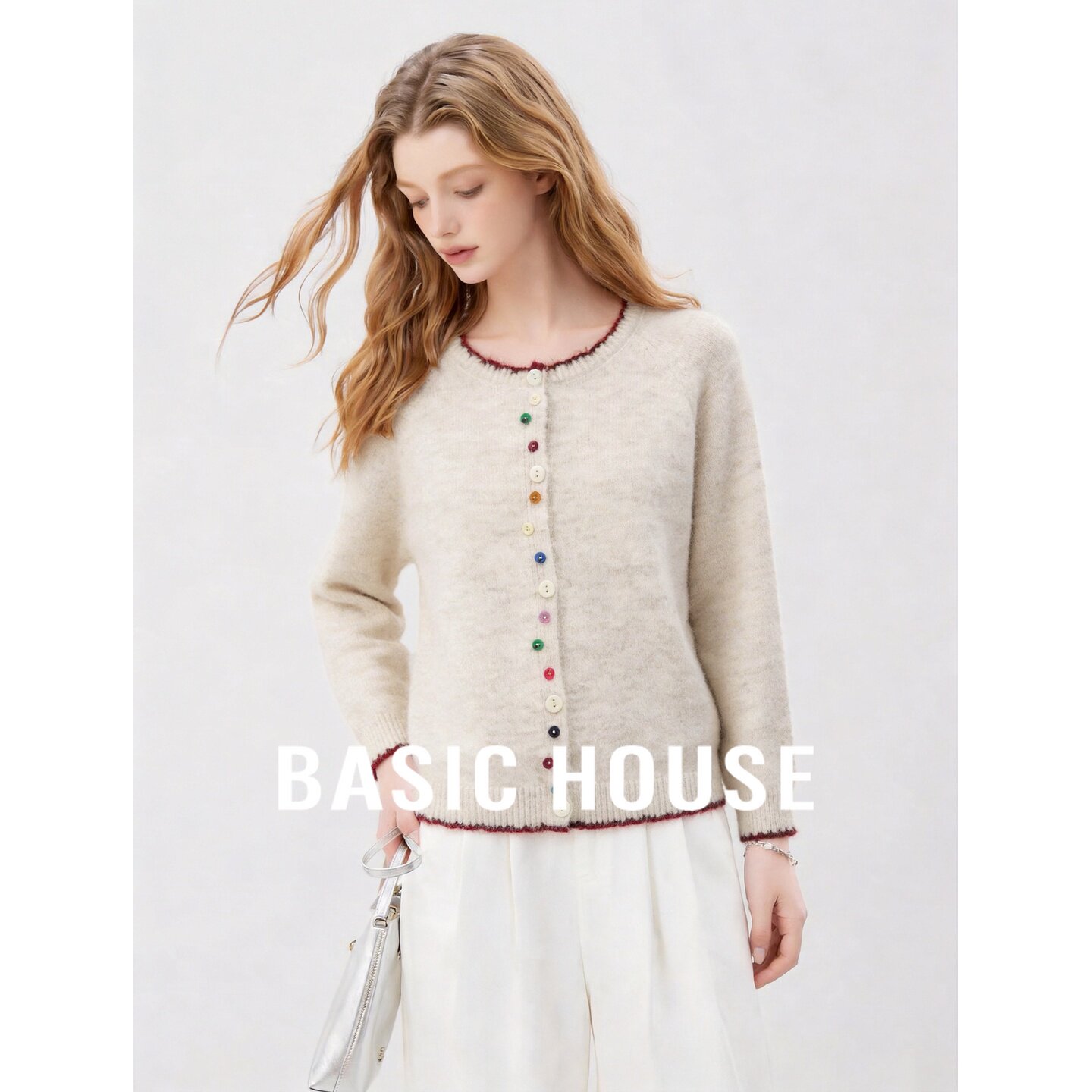 Basic House/百家好温柔慵懒风彩色纽扣针织开衫女秋显瘦百搭上衣